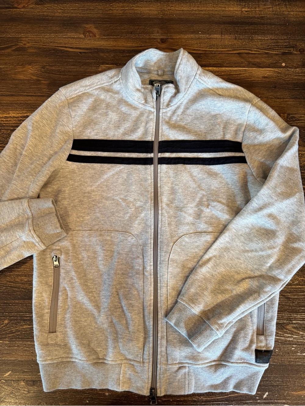 Roots Men's Light Gray Zip-Up Sweater with Black Stripes